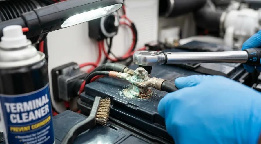 A close-up shot of a marine battery terminal showing white and green corrosion, with a hand wearing a blue glove using a small wire brush to clean it.