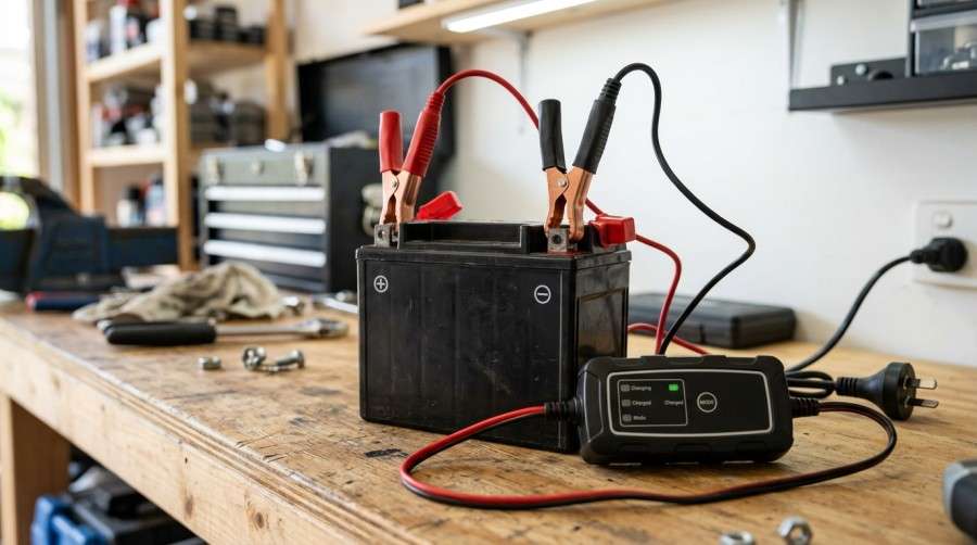 A 12V powersports motorcycle battery connected to a smart battery charger using red and black clamps on a workbench.