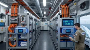 High-voltage LiFePO4 marine lithium battery rack system with integrated BMS units in an electric vessel battery compartment.