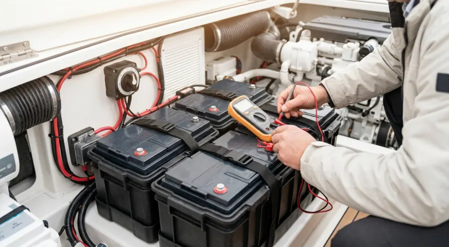 A technician uses a digital multimeter to check the terminal voltage of a secured marine battery bank in a modern boat engine compartment.
