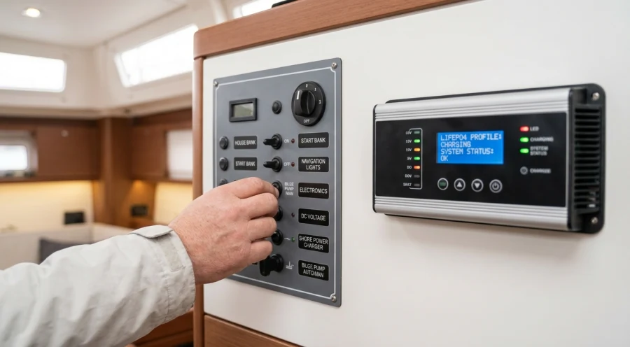 A detailed view of a boat's main DC electrical distribution panel, with a hand checking the bilge pump switch, and a smart charger status light visible.