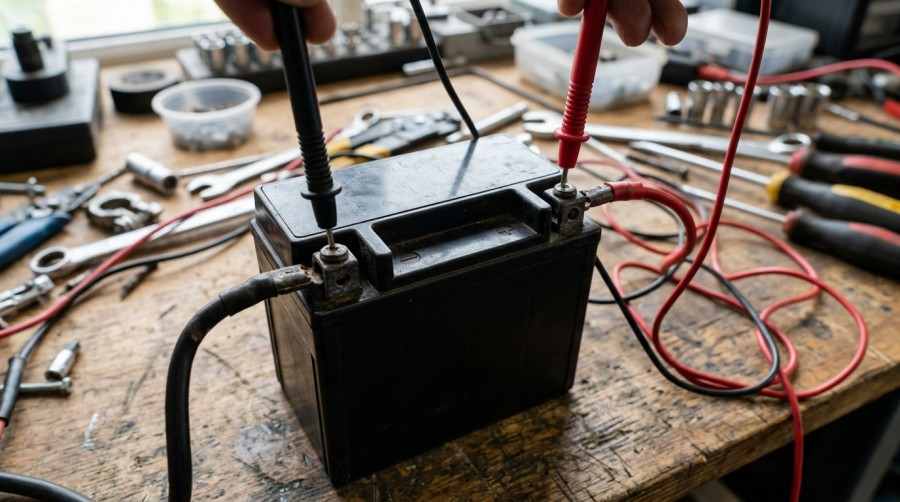 A digital multimeter measuring the resting voltage of a 12V motorcycle battery on a workshop bench.
