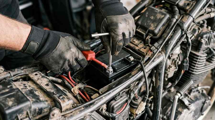 Gloved hands installing a new 12V motorcycle battery into the battery compartment and securing terminal connections.