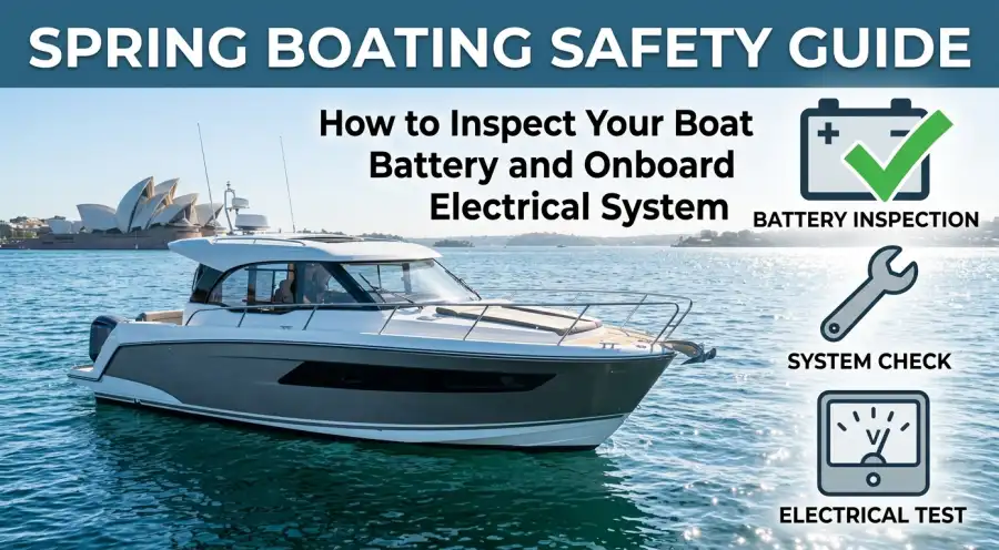 A modern Australian powerboat cruising on calm blue water under a bright spring sun, optimized as a blog thumbnail with summary icons and bold text reading 'SPRING BOATING SAFETY GUIDE'.