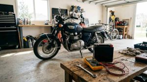 A motorcycle parked in a bright garage with a powersports battery, multimeter, and maintenance tools on a workbench in the foreground.