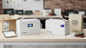 Professional product photography featuring modern lithium LiFePO4 batteries on a clean workbench for online vs local battery shopping in Australia