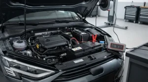 Modern car engine bay with a 12v automotive battery under professional workshop lighting