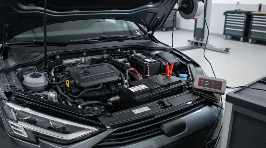 Modern car engine bay with a 12v automotive battery under professional workshop lighting