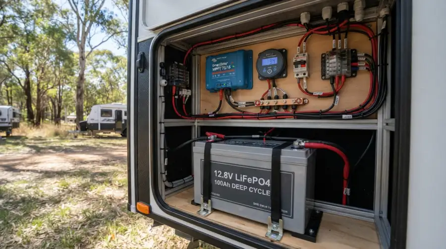 A 12.8V LiFePO4 deep-cycle lithium battery installed in a caravan power setup with solar system components