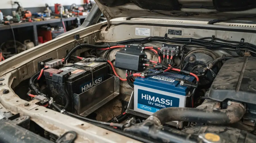 A professional dual-battery system installation under the hood of a 4WD vehicle