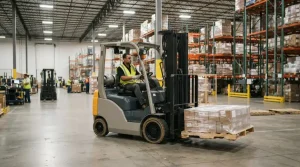 Modern heavy-duty industrial forklift operating in a large distribution warehouse