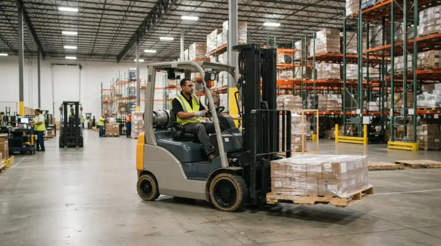 Modern heavy-duty industrial forklift operating in a large distribution warehouse