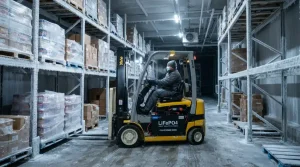 Industrial electric forklift operating in a commercial freezer warehouse with frost on storage racks.
