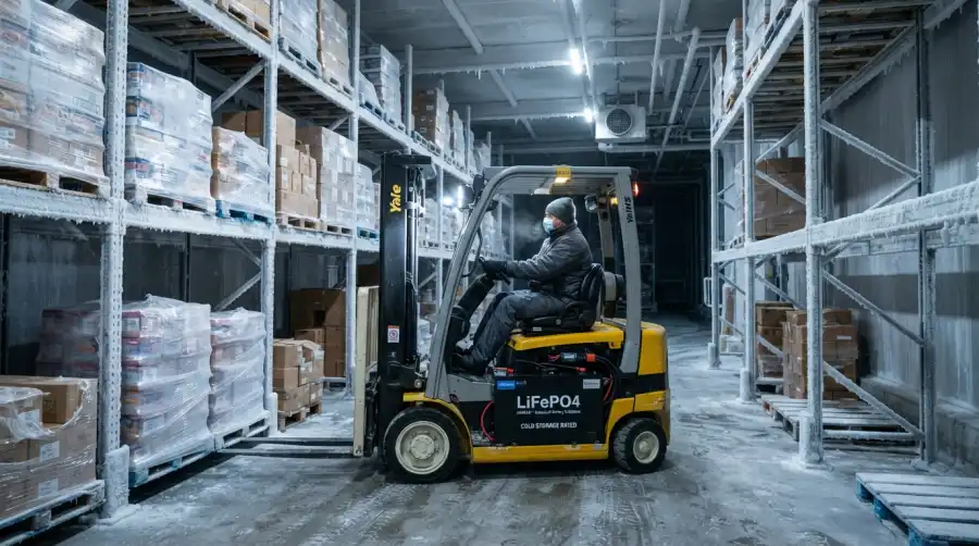 Industrial electric forklift operating in a commercial freezer warehouse with frost on storage racks.