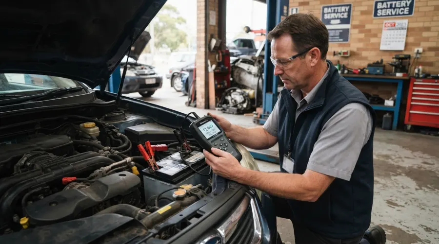 A technician testing a car starting battery with a digital battery analyzer in an auto repair shop