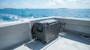 Modern high-performance marine LiFePO4 battery on a boat deck