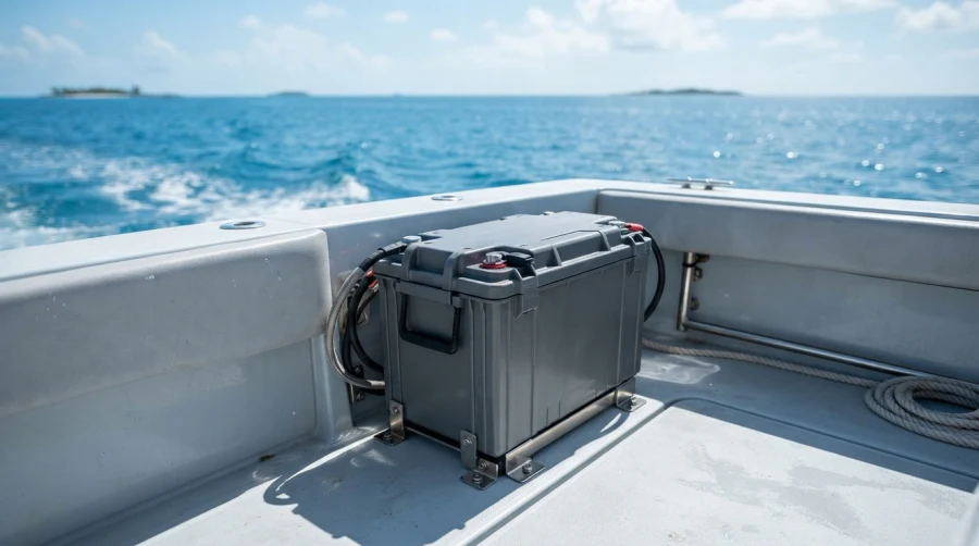 Modern high-performance marine LiFePO4 battery on a boat deck