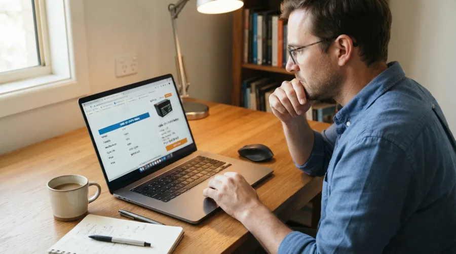 A person browsing lithium battery technical specifications and prices on a laptop computer