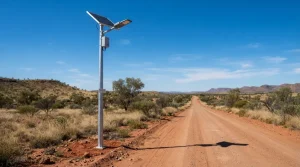 A modern solar street light installed on a remote Australian outback road under a bright blue sky.